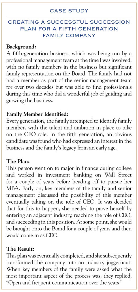 case study for creating a successful succession plan for a 5th generation family company