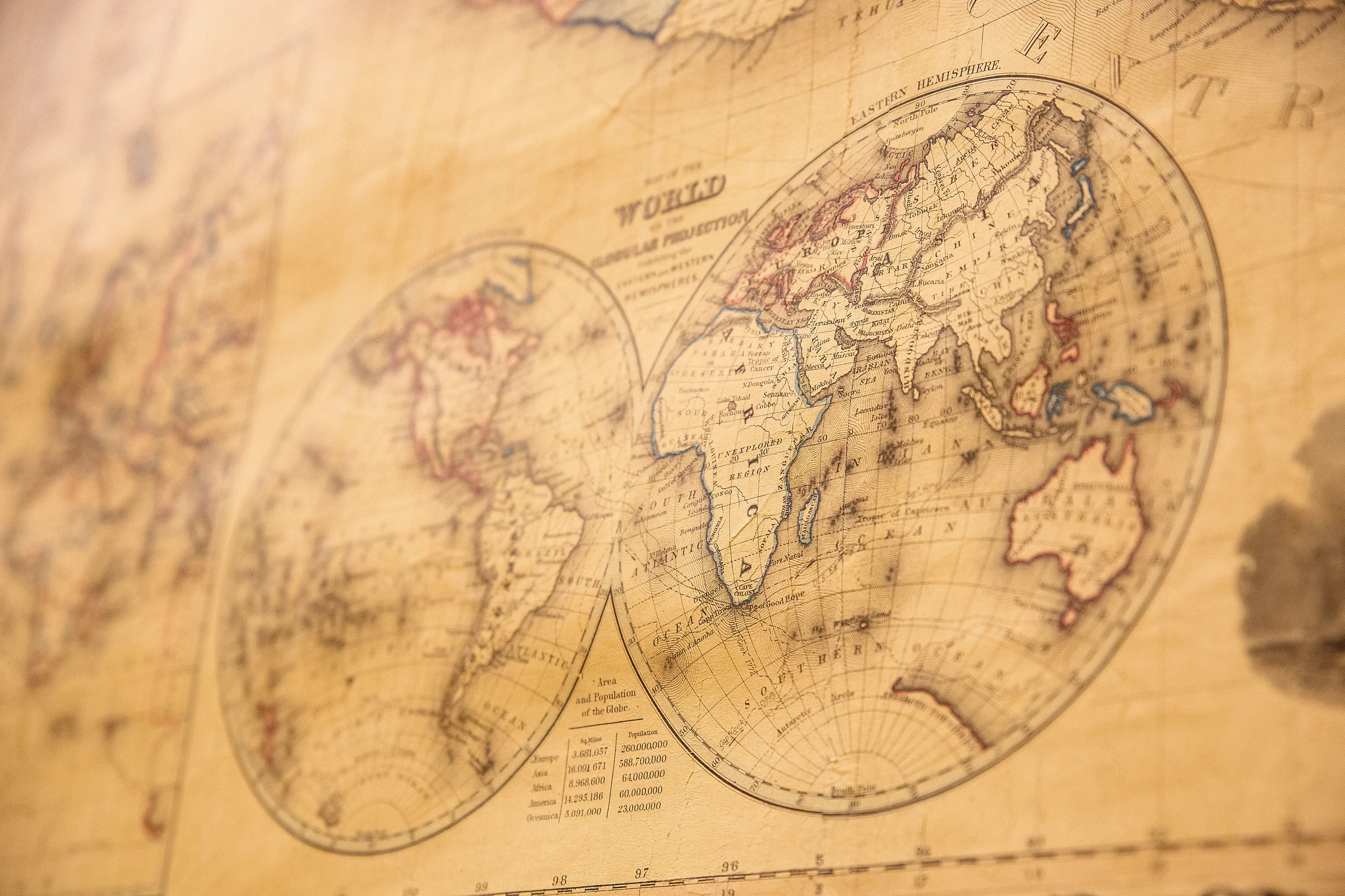 An old-style world map with a focus on the continents of Africa and Asia.