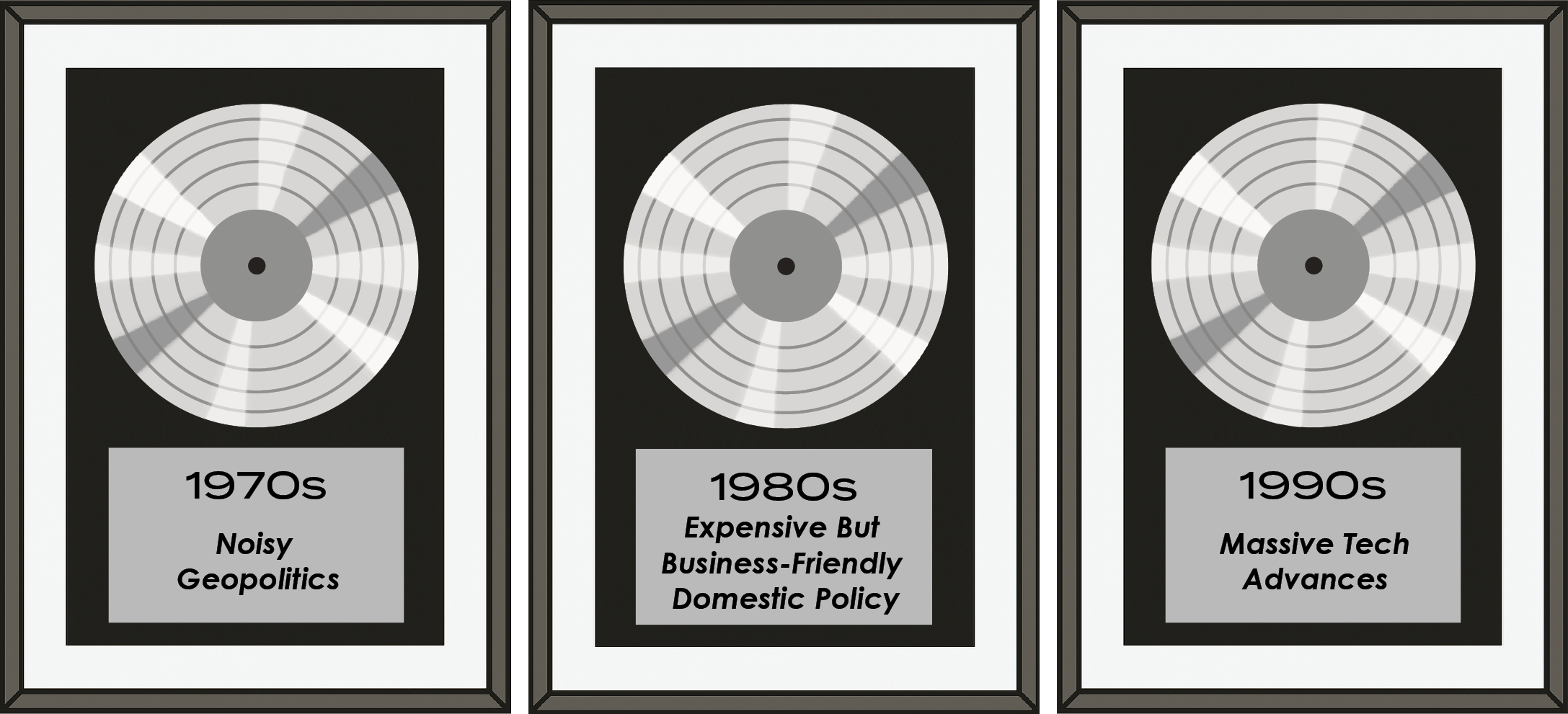 records of 1970s "noisy geopolitics," 1980s "expensive but business-friendly domestic policy" and 1990s "massive tech advances"
