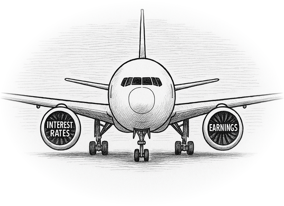 Plane with writing on engines saying "Interest Rates" and "Earnings."